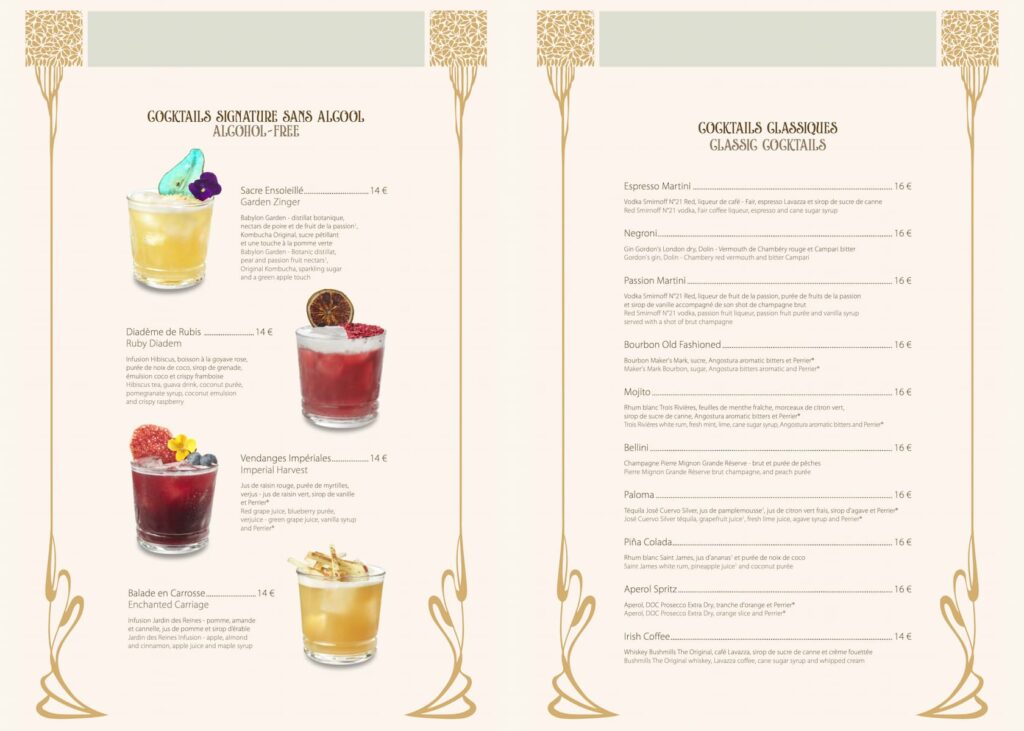 Classic cocktails and alcohol-free mocktails on the Regal View Lounge drinks menu including Garden Zinger and Espresso Martini