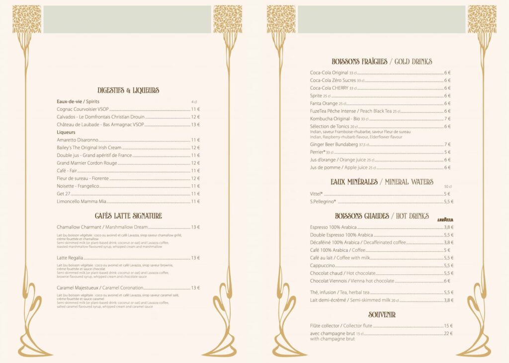 Soft drinks, mineral waters and signature lattes on the Regal View Lounge drinks menu with prices starting at €6