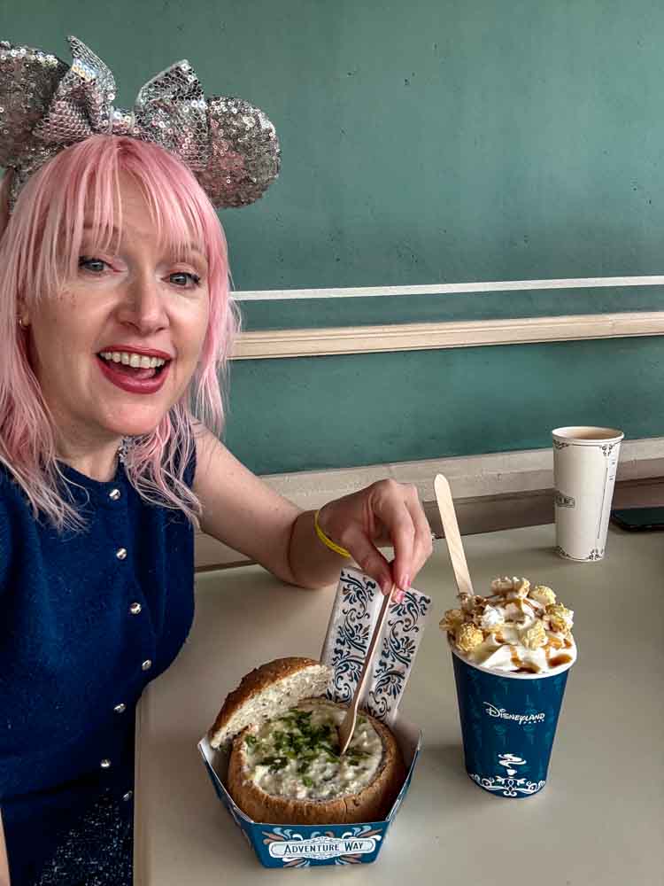 Bread bowl meal and dessert drink at Disney Adventure World Disneyland Paris worth it food options review