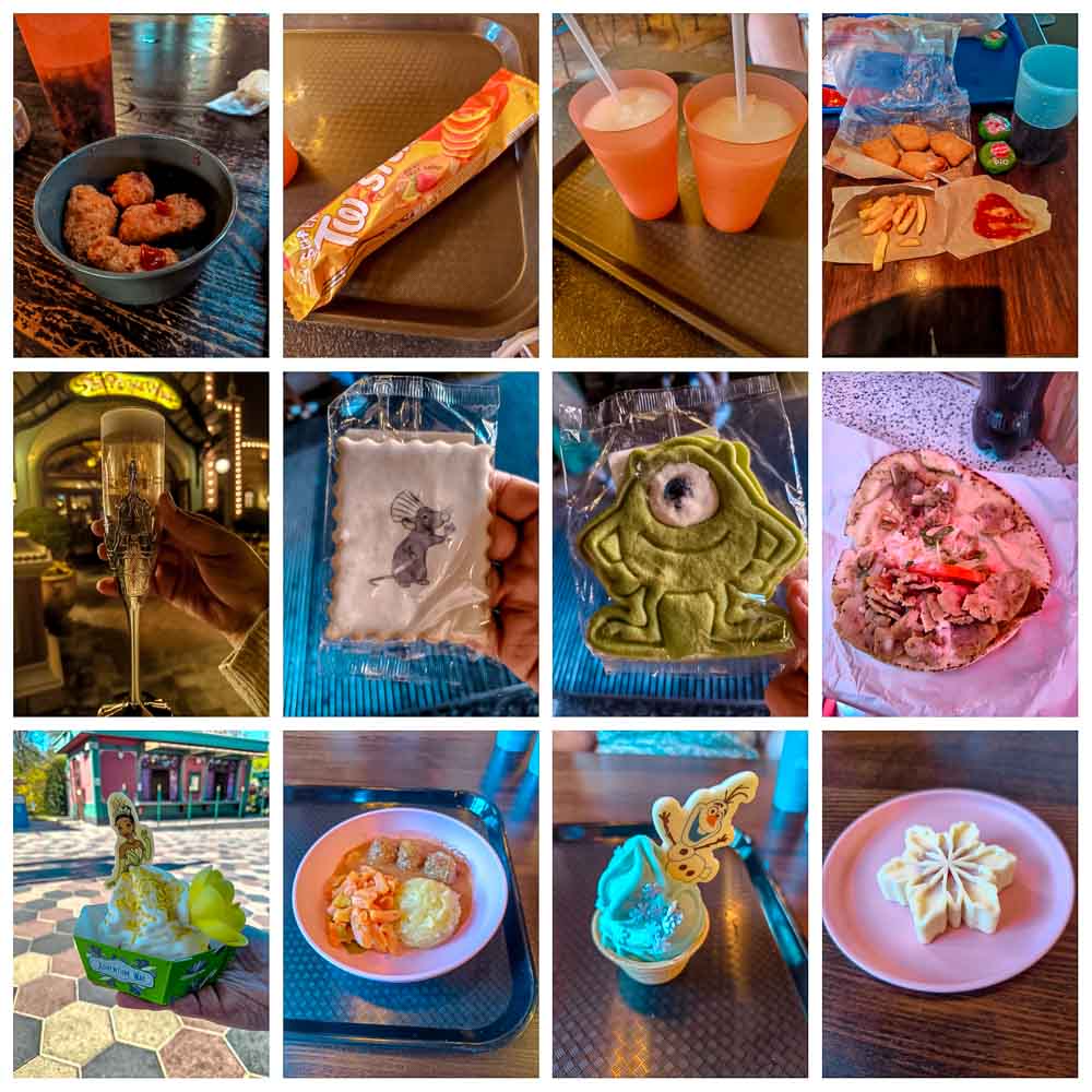 collage of snacks and meals including chicken bites, shawarma, themed desserts and drinks at Disneyland Paris food review 2026