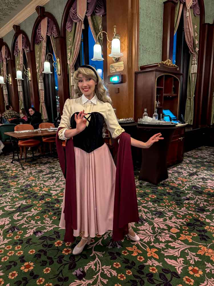 Princess Aurora as Briar Rose meeting guests at Regal View Restaurant Disneyland Paris