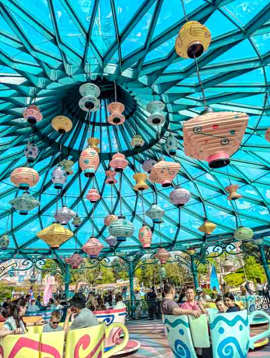 Laterns above the Mad Hatter's teacup ride on a sunny day, Disneyland Paris Trip Report