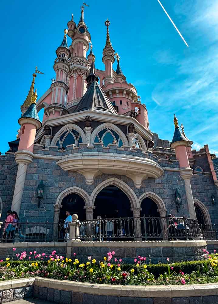 Looking up at the back of Sleeping Beauty Castle from the courtyard at Disneyland Paris, with pink and yellow tulips in the foreground