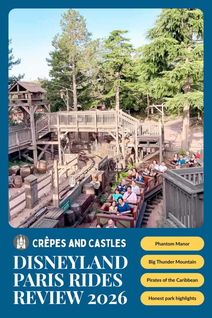 Big Thunder Mountain Disneyland Paris rides review 2026 - aerial view of guests riding through the wooden mine track in Frontierland on a sunny day