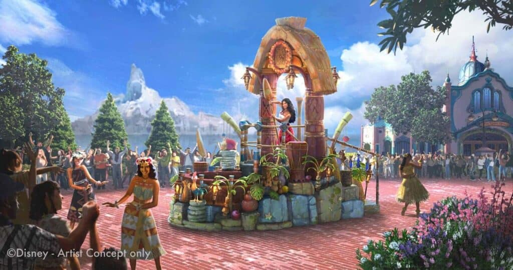 Artist concept of Moana's float for the Disney Princess Cavalcade at Disney Adventure World