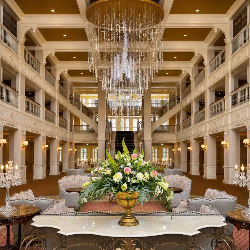 Empty lobby in the Disneyland Hotel in Disneyland Paris