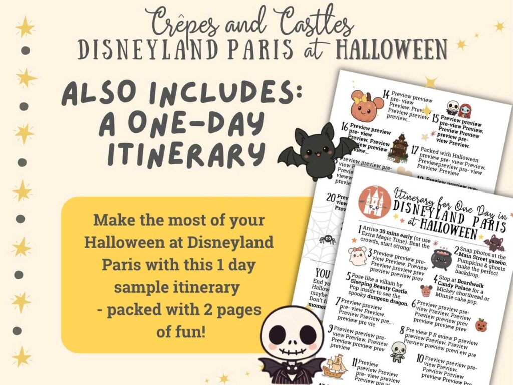 Printable Disneyland Paris Halloween 2026 itinerary for 1 day from the Crêpes and Castles guide, featuring a Halloween park plan with attraction suggestions, snacks, photo spots and must-do experiences.