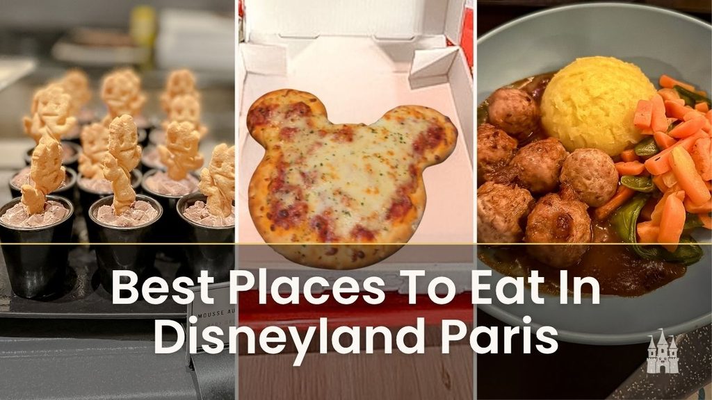 Best places to eat in Disneyland Paris: Baby Groot dessert from Downtown, Mickey-shaped pizza from Pizzeria Bella Notte and meatballs from Nordic Crowns Tavern.
