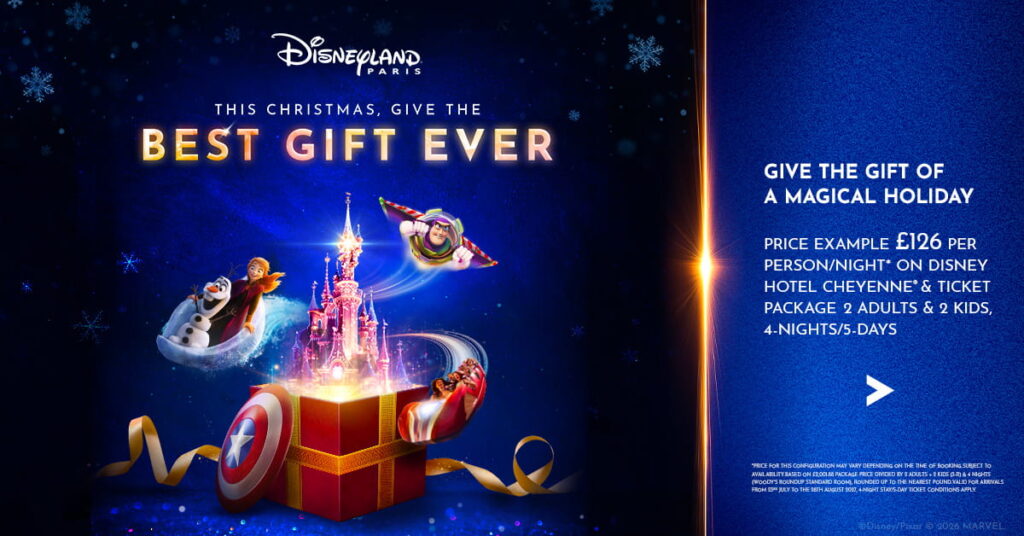 Disneyland Paris for Christmas campaign banner showing Sleeping Beauty Castle bursting from a gift box with Olaf, Anna and Buzz Lightyear, and a £126 per person per night price example for a Disney Hotel Cheyenne and ticket package.