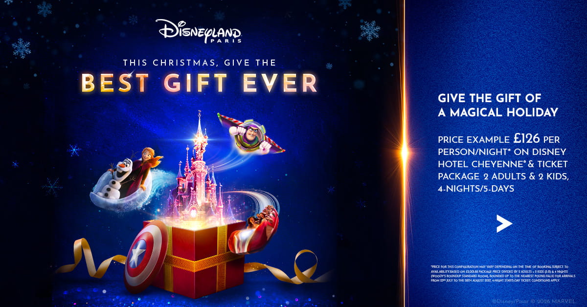 Disneyland Paris Christmas gift campaign featuring Sleeping Beauty Castle and Disney characters