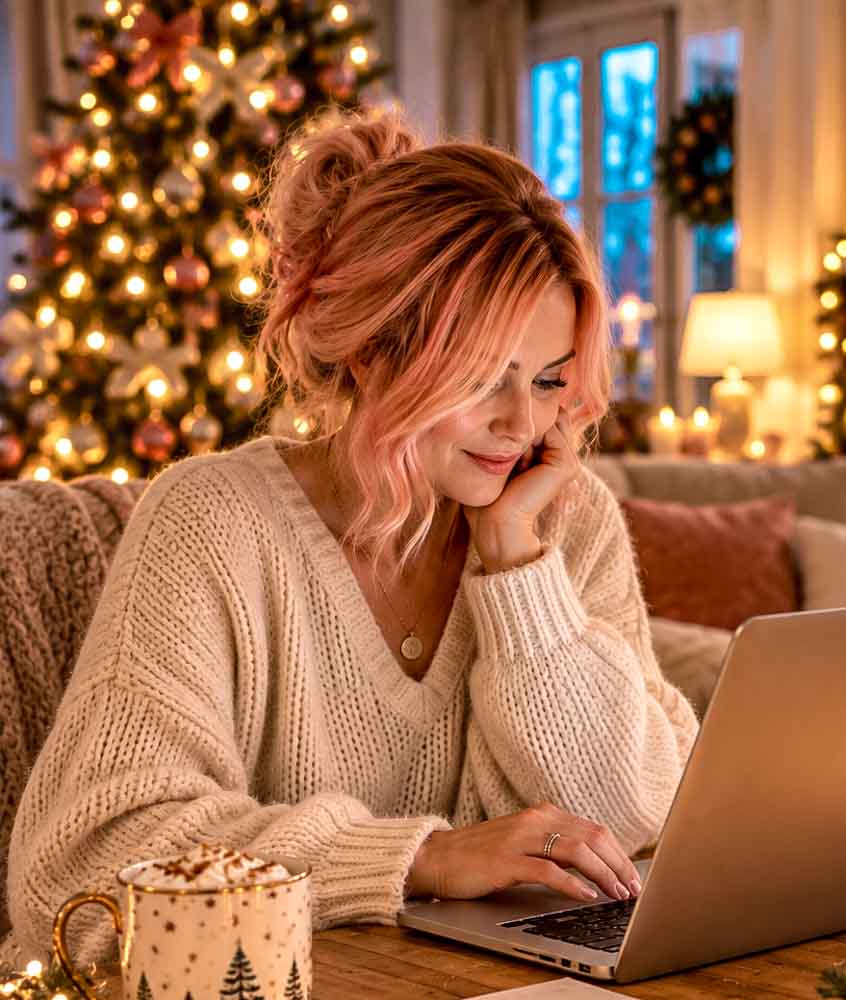 A woman in a cosy cream jumper smiles at her laptop while booking Disneyland Paris for Christmas, surrounded by fairy lights, candles, wrapped presents, a hot chocolate and a twinkling Christmas tree.
